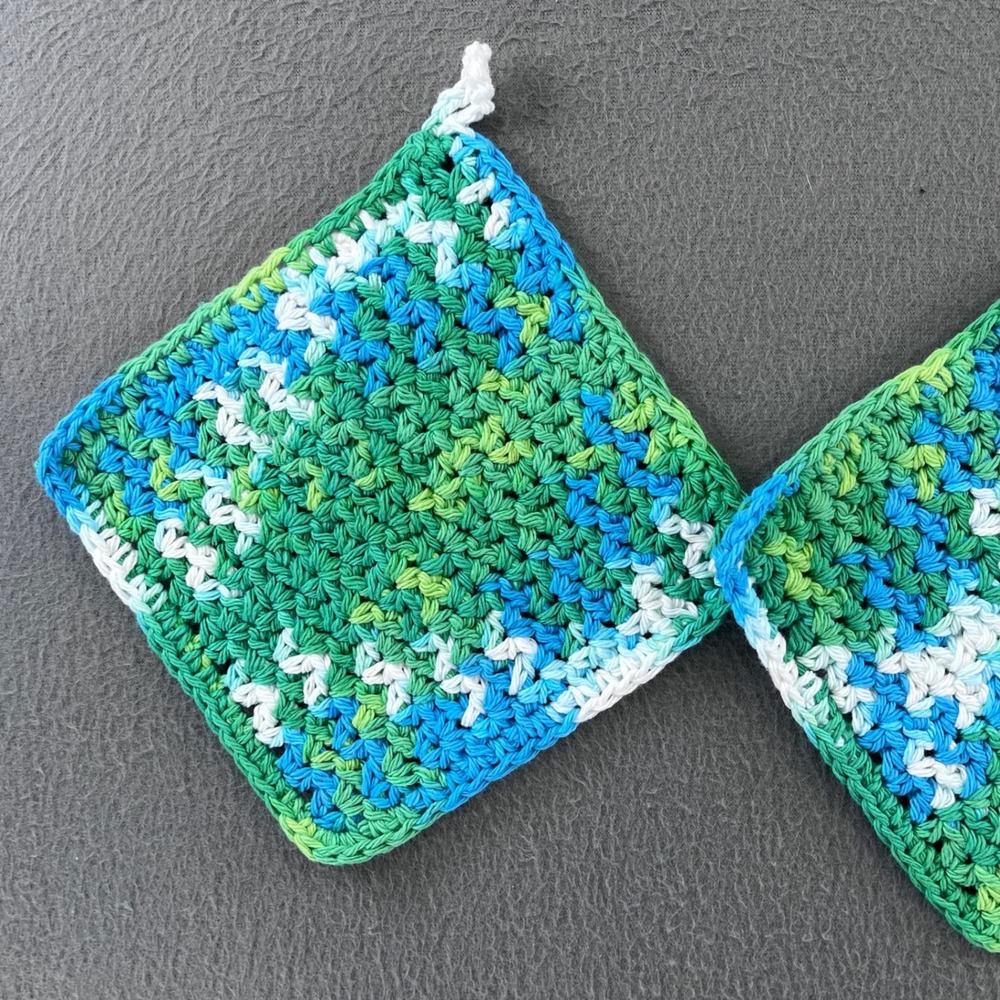 Handmade Dishcloth Cotton Variegated Blue Green 6.5in Cottagecore 3pc Set - Picture 2 of 6